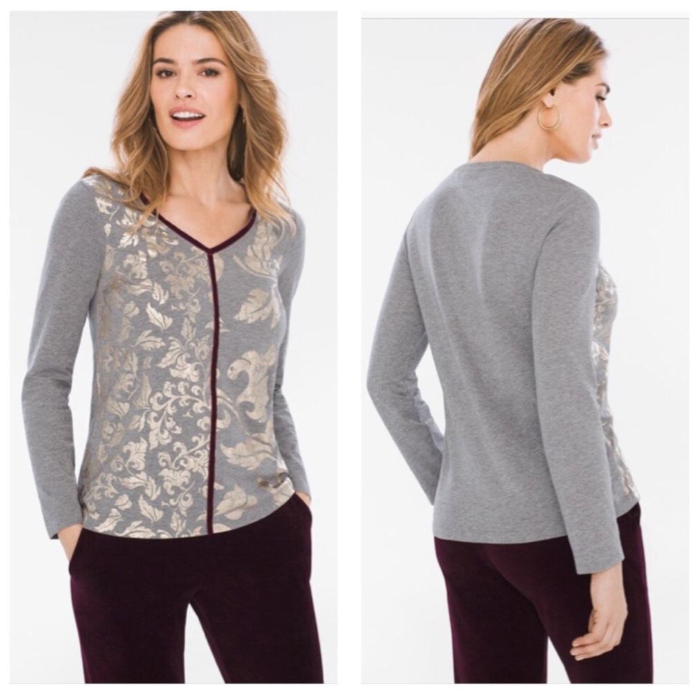 CHICO’S Zenergy Velvet Trim Long Sleeve Gray Tee